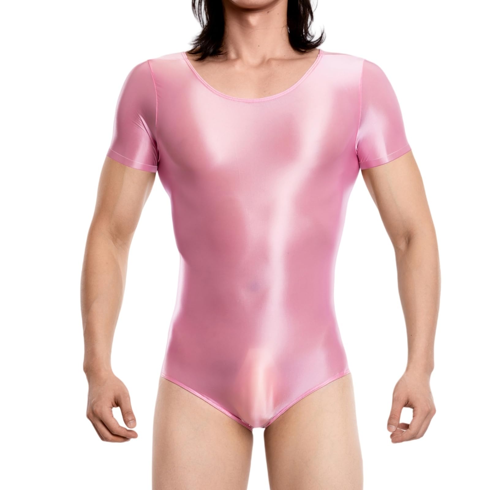 TouKingda Men's Glossy Leotard Bodysuit Short Sleeve One Piece Jumpsuits Mens Lingerie Bodysuits Tank Tops Underwear Cosplay Costume Party Clubwear Nightwear(Pink/L)