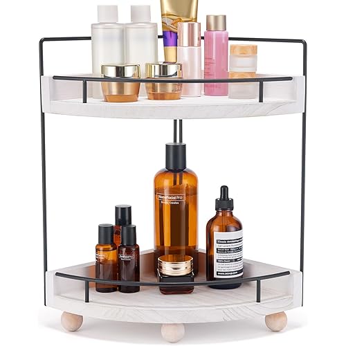 HouseJoy 2-Tier Corner Bathroom Counter Organizer,Counter Corner Shelf,Bathroom Storage and Organization,Vanity Organizer,Skincare Organizers,Wood Countertop Organize for Bathroom, Kitchen