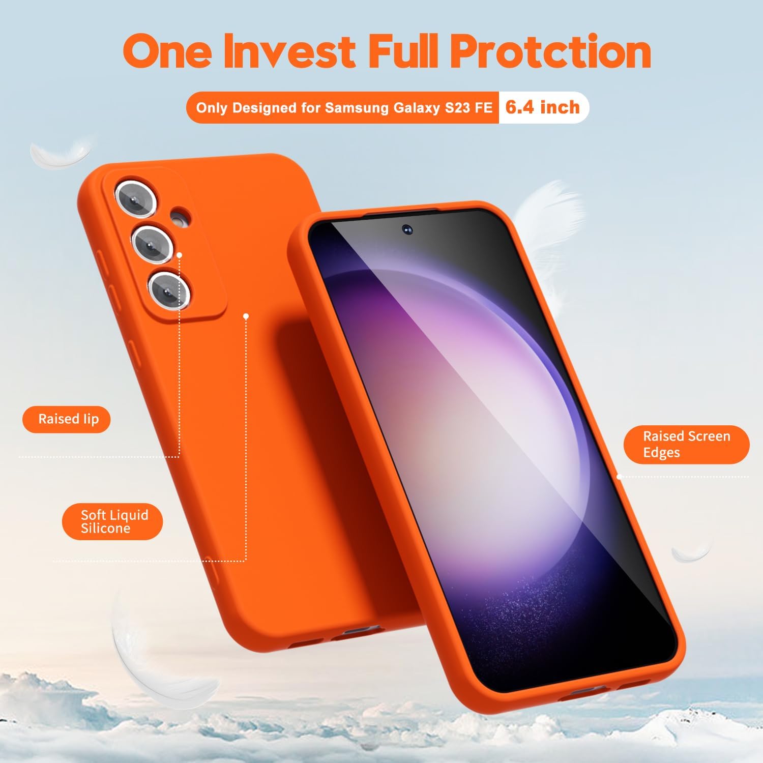 oakxco for Samsung Galaxy S23 FE Phone Case Liquid Silicone, Fluorescent Bright Solid Color, Cute Thin Slim Soft Rubber TPU Plain Smooth Gel Matte Protective Cover for Women Girl, Burnt Neon Orange image 3