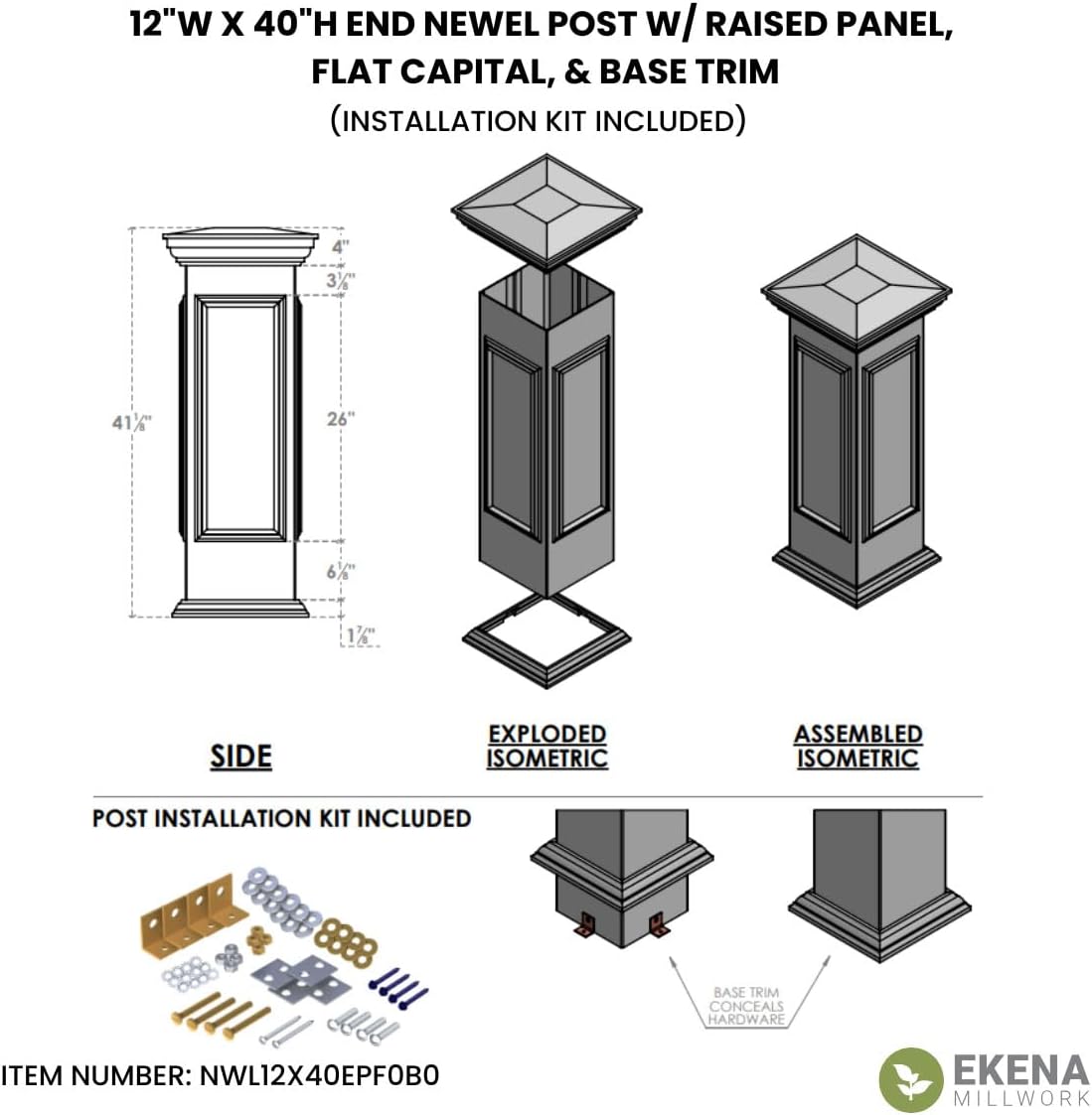 Ekena Millwork NWL12X40EPF0B0 Newel Posts, White