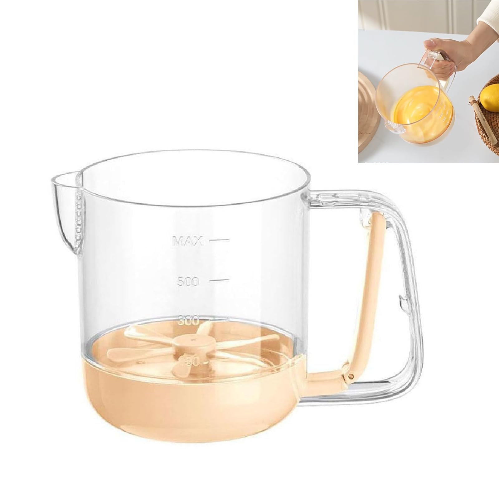 Semi-Automatic Whisk with Measurement Markings - Ergonomic Hand Press Mixer Cooking Milk Frothing Easy-Pour Spout Dishwasher-Safe Beige