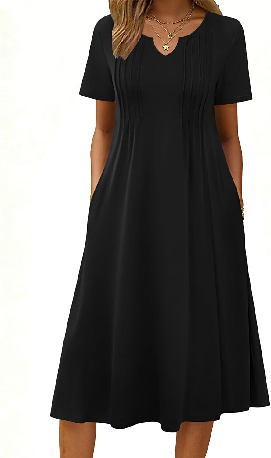 Zeagoo Summer Dresses for Women 2026 Casual Short Sleeve Aline Midi Dress with Pocket Flowy Pleated Tshirt Beach Sundress