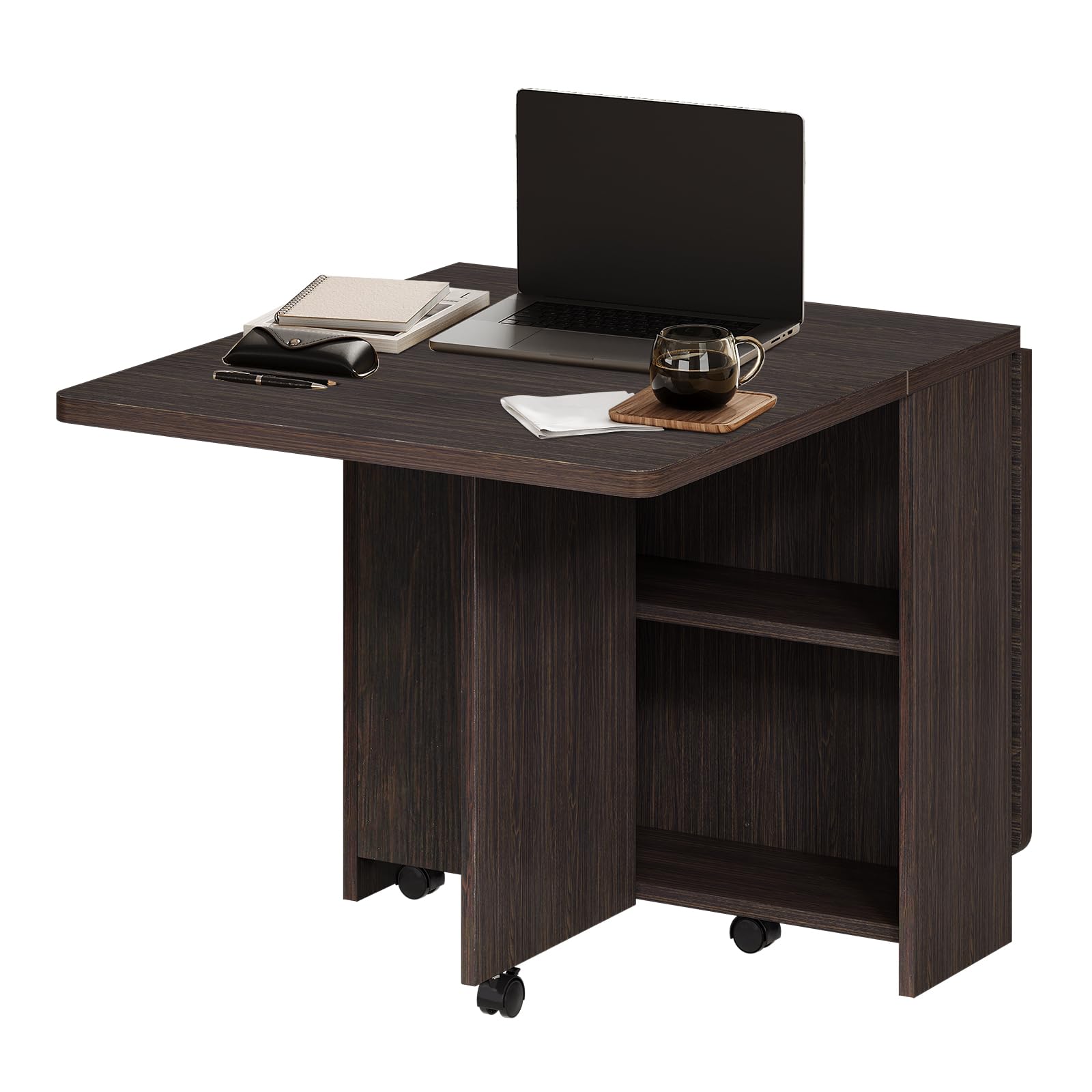 Mesa de Comedor Plegable Multifuncional, Mesa Auxiliar con Ruedas y Almacenamiento, Ahorra Espacio, para Cocina y Comedor, Color Nogal Oscuro, 120x60x75cm