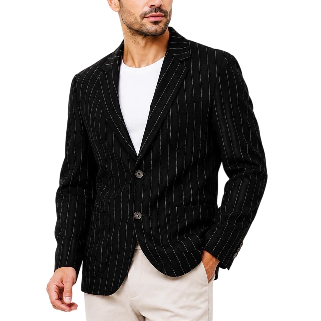 Chaqueta Tipo Blazer De Lino A Rayas para Hombre Ligera con 2 Botones Solapa Y Bolsillos. Chaqueta Deportiva Elegante E Informal para Hombre Ideal para Negocios Vacaciones Bodas Y Resorts.