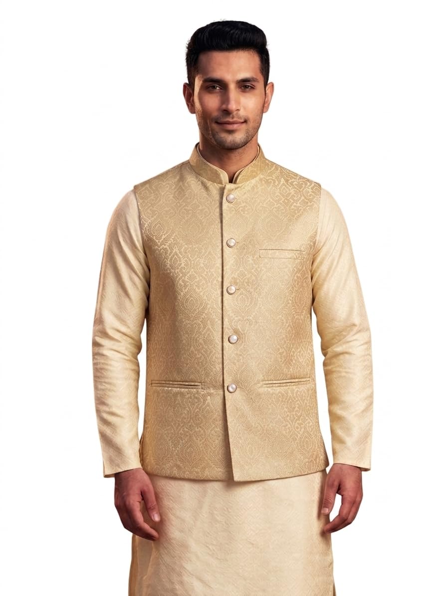 Brocade Nehru Jacket/Modi Jacket for Men Floral Design Sleeveless 3 Pocket Waistcoat for Wedding, Office Party, Festive, Diwali - 8 Color-picture-54