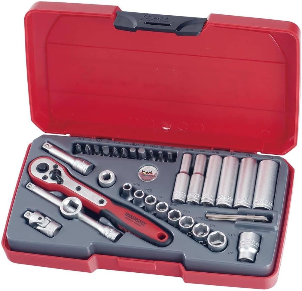 Teng Tools 35 Piece 1/4 Inch Drive 6 Point SAE Regular/Shallow & Deep Socket Set - T1435AF, Silver