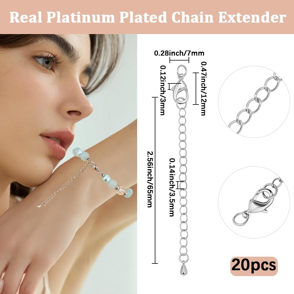 Beebeecraft 1 Box 20Pcs Chain Extender for Jewelry Making, Platinum Plated Brass Silvery Chain Extension with Teardrop End Tail Lobster Clasp for Bracelet Necklace