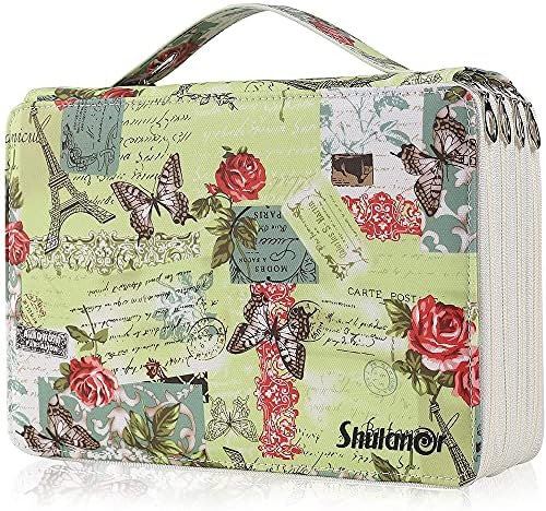 Shulaner 120 Slot Pencil Case with 3 Compartments, Large Capacity Butterflies and Rose Pattern Pencils Bag Waterproof PU Leather Pen Organizer Storage Holder - Yellow