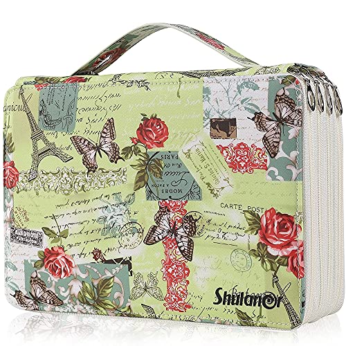 Shulaner Trousse 200 Trous pour Crayons de Couleurs avec 4 Fermeture éclair, Grande capacité, Motif Papillons et Roses Étanche, Cuir Imperméable Trousses Pencil Case - Vert Cover