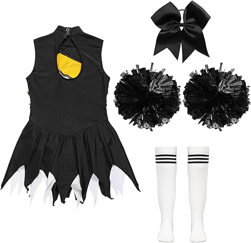 Miniatura 6 de YiZYiF Disfraz de líder de animadora de Halloween para niñas, uniforme de animación, vestido de baile con lentejuelas, con pompones, medias y