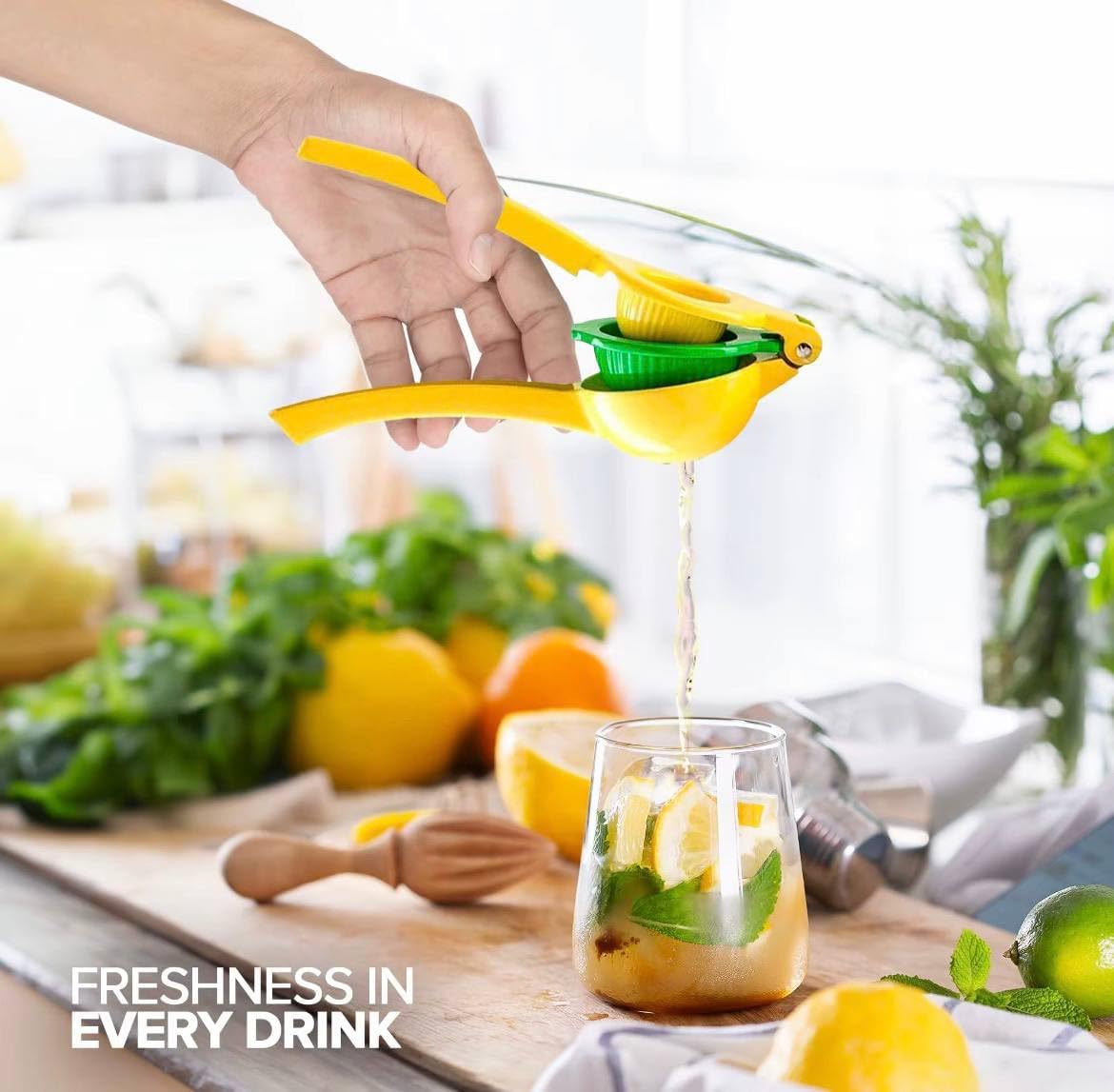 Lemon Squeezer Metal 2-In-1 Manual Citrus Juicer, Max Juice Extraction, Gets Every Last Drop, Easy to Clean, Durable Aluminum Hand Press for Lemon & Lime, Yellow, JBK