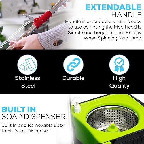 Miniatura 3 de Simpli-Magic Juego de cubo de limpieza de trapeador giratorio prémium con 3 cabezales de fregona de microfibra