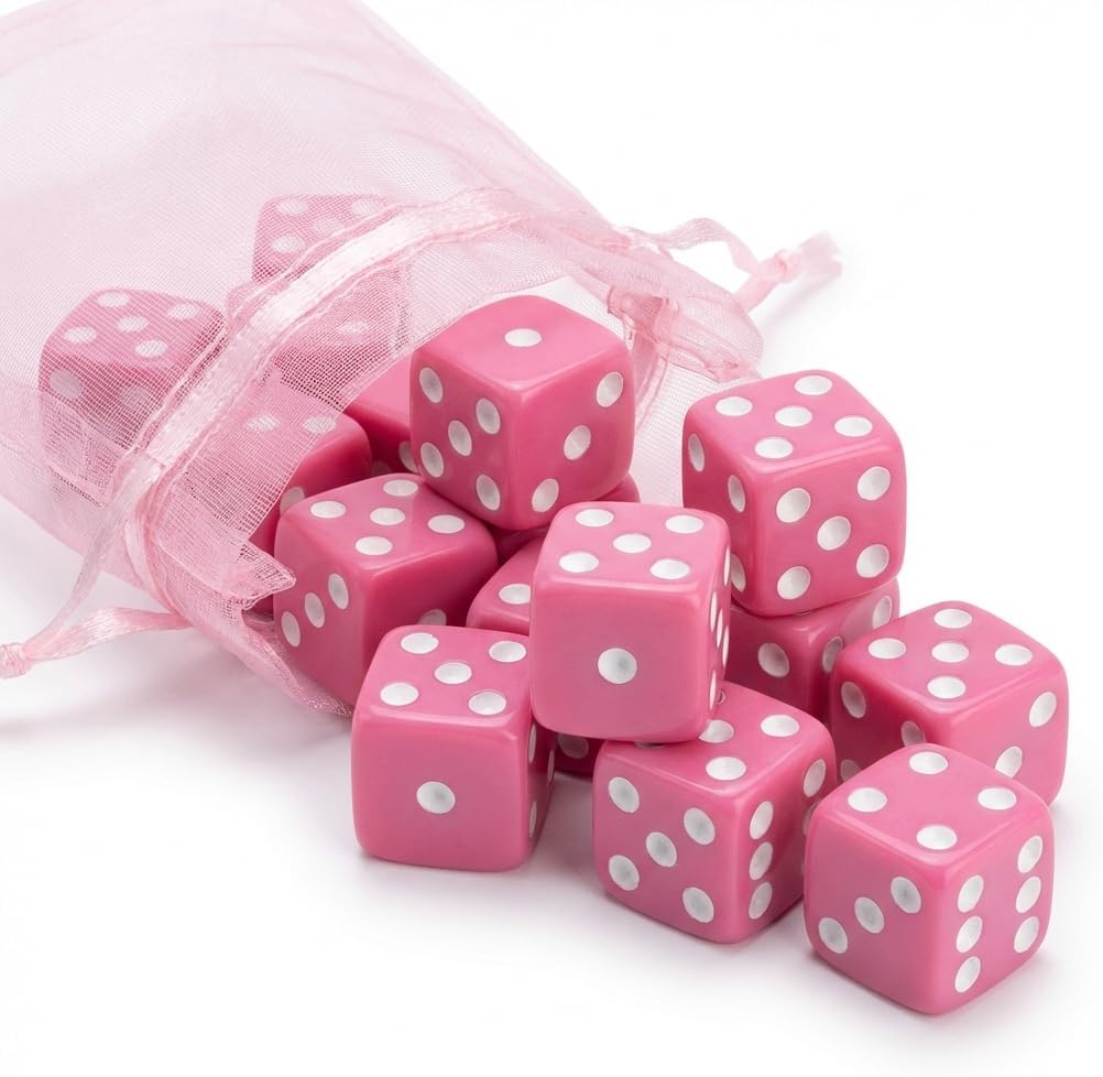 12 Square Pink Dice – 16mm Precision-Cut with Bold White Pips – Includes Organza Gift Bag – Perfect for Ladies Bunco Night & Party Games