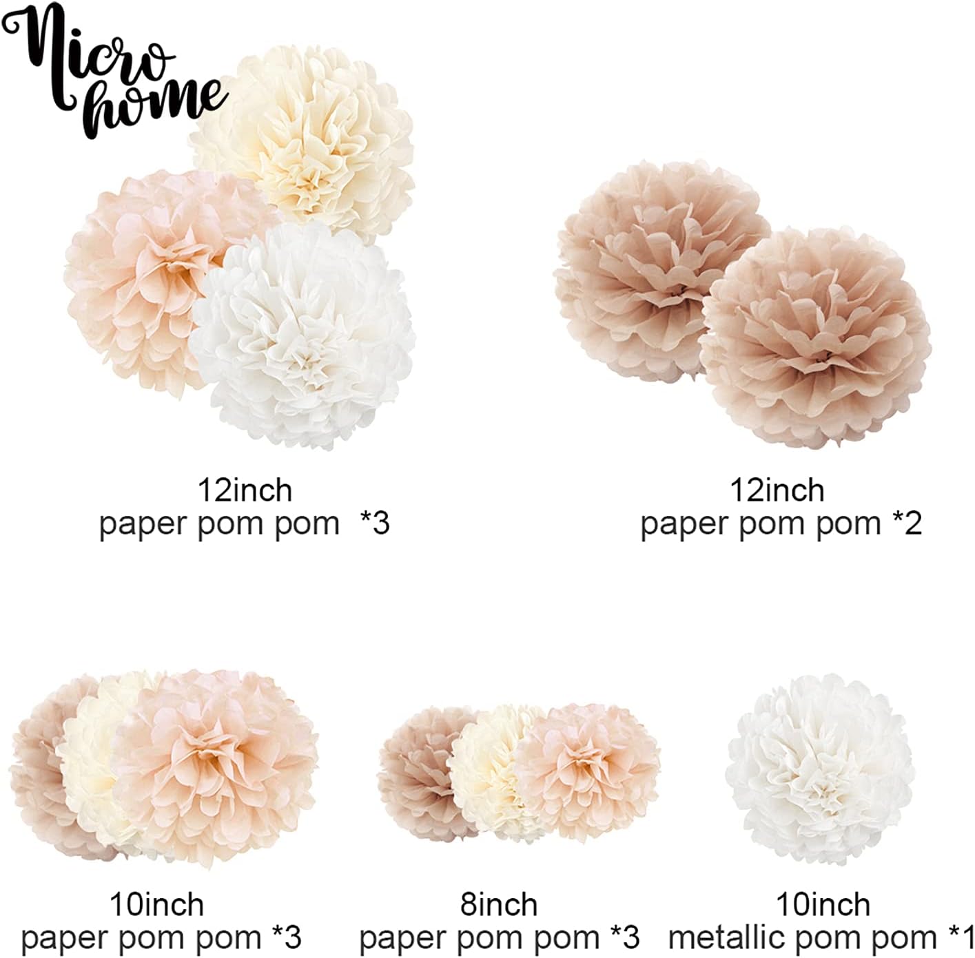 NICROHOME Wedding Decorations 12 PCS Champagne Ivory White Creamy Blush Tissue Paper Pom Poms for Birthday Graduation Décor Baby Shower Bridal Shower Prom Festival Decorations Party Backdrop Decor : Home & Kitchen