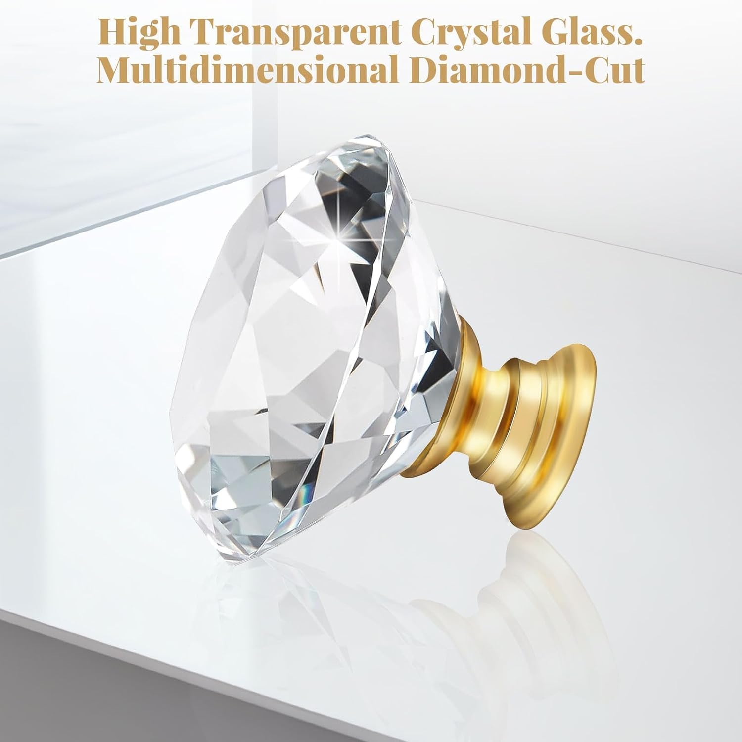 6pcs 30mm Crystal Glass Knobs Diamond Shaped Cabinet Knob with Gold Base for Dresser in Bathroom, Kitchen, Office ect.