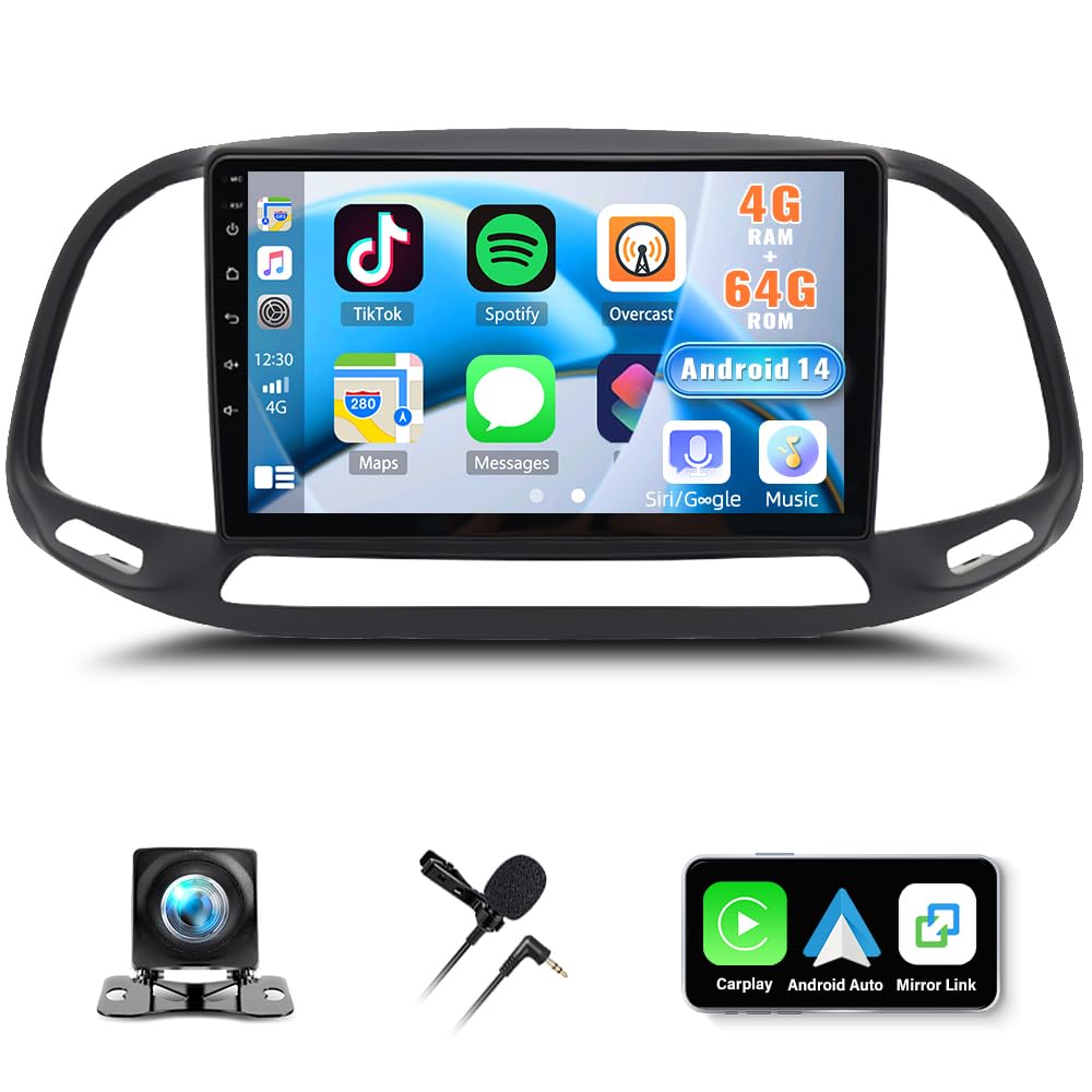 Surakey 9 Inch Car Radio Stereo for Dodge RAM Pro Master City 2015 2016 2017 2018 2019 2020 2021 Android 14 Double Din Touchscreen Carplay Android Auto GPS Navi WiFi Bluetooth SWC Backup Camera, 4+64G