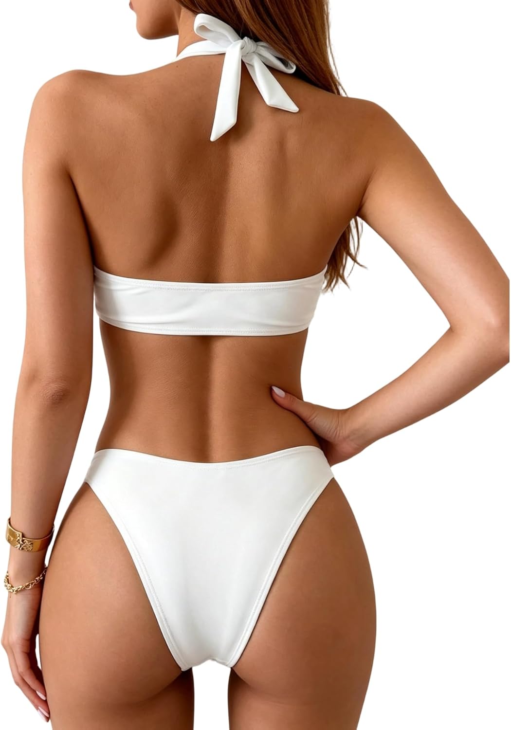 SOLY HUX Women's Halter Bikini Set V Neck Ring Linked Bathing Suit Summer Beach Two Piece Swimsuit