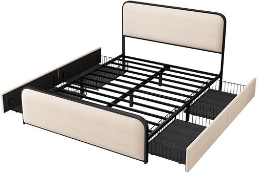 Miniatura 7 de Base de cama de metal moderna con cabecera tapizada curvada y cama de estribo con almacenamiento debajo de la cama, listones de metal resistentes,