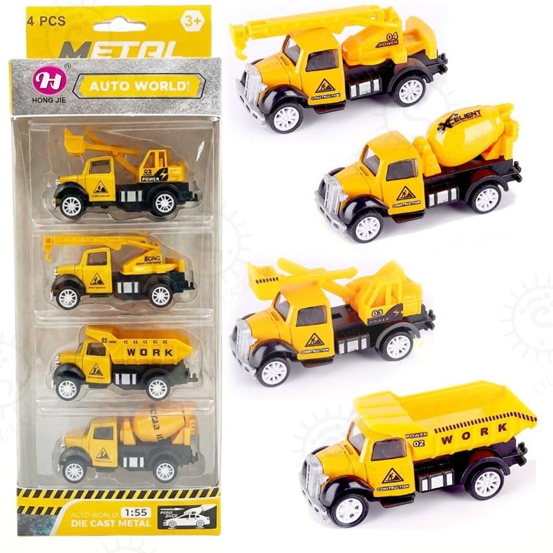 Metal Diecast Construction Vehicles Set - Packs of 4, Dump Trucks, Excavators Cranes, Fire Trucks, Cement Mixers 1:55 Scale Toys for Birthday Gift for Boy Girls (Yellow-Construction Truck)