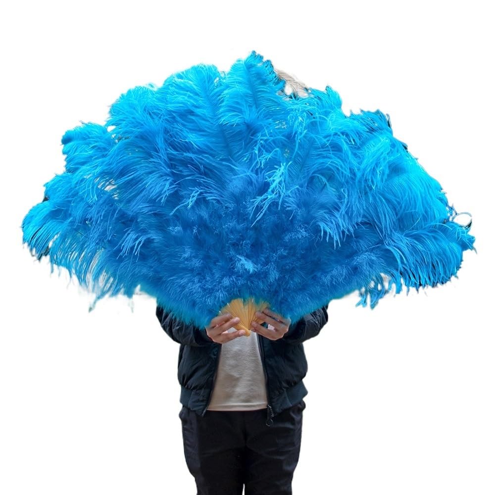 Grand éventail en plumes d'autruche naturelle de 130cm bleu azur premium