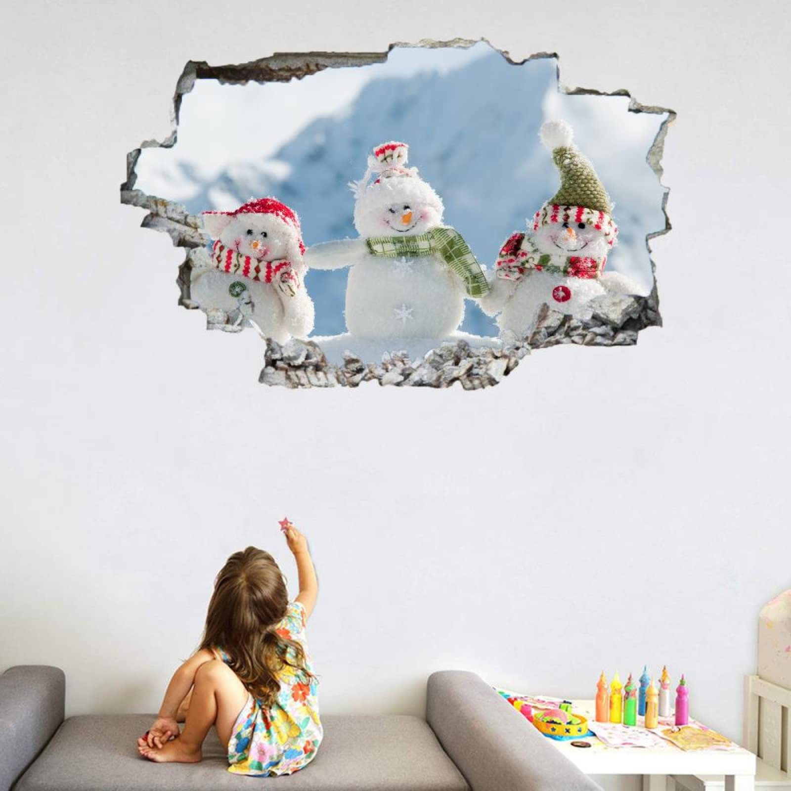 Adesivo Da Parete 3D Rimovibile Pupazzo Di Neve Decorazione Da Parete, Pavimento, Soffitto, Decalcomania Fracassata, Decorazione Artistica Tema Natalizio Per Soggiorno, Murale 80x120cm