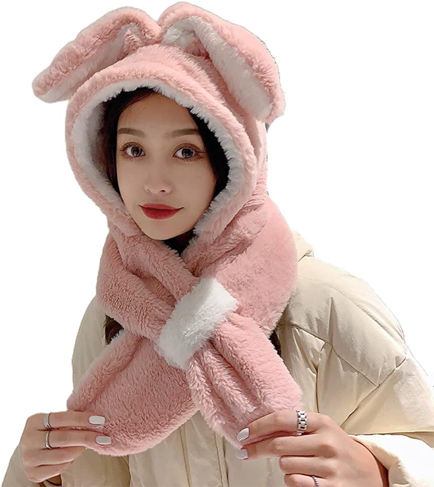 Scarf,Sweet Cartoon Fashion Cute Ear Hat Cute Winter Gift Cold-proof Hoodies Scarf Cute Winter Thick Plush Scarf Scarf(Pink)