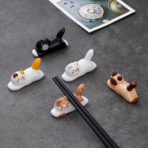 KLAPR Ceramic Chopstick Holder, 5pcs Set, Cartoon Cat Design Clay, Hand Wash Only, 2.2 inches, Cute Chinese Field & Siamese Cats, Japanese Style