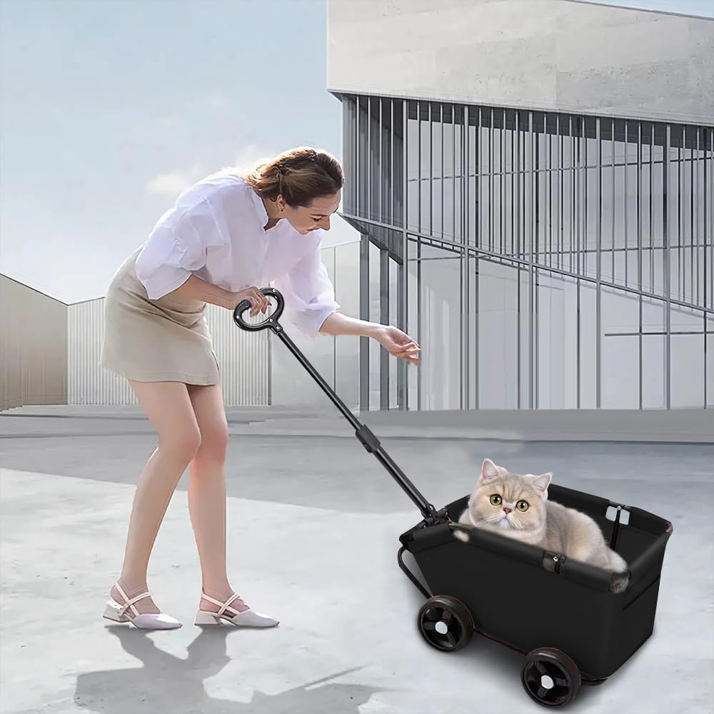 Passeggini per gatti pieghevole, con asta di spinta regolabile, passeggino portatile per animali domestici, carrello per cani e gatti, 51 x 35 x 31 cm (nero)
