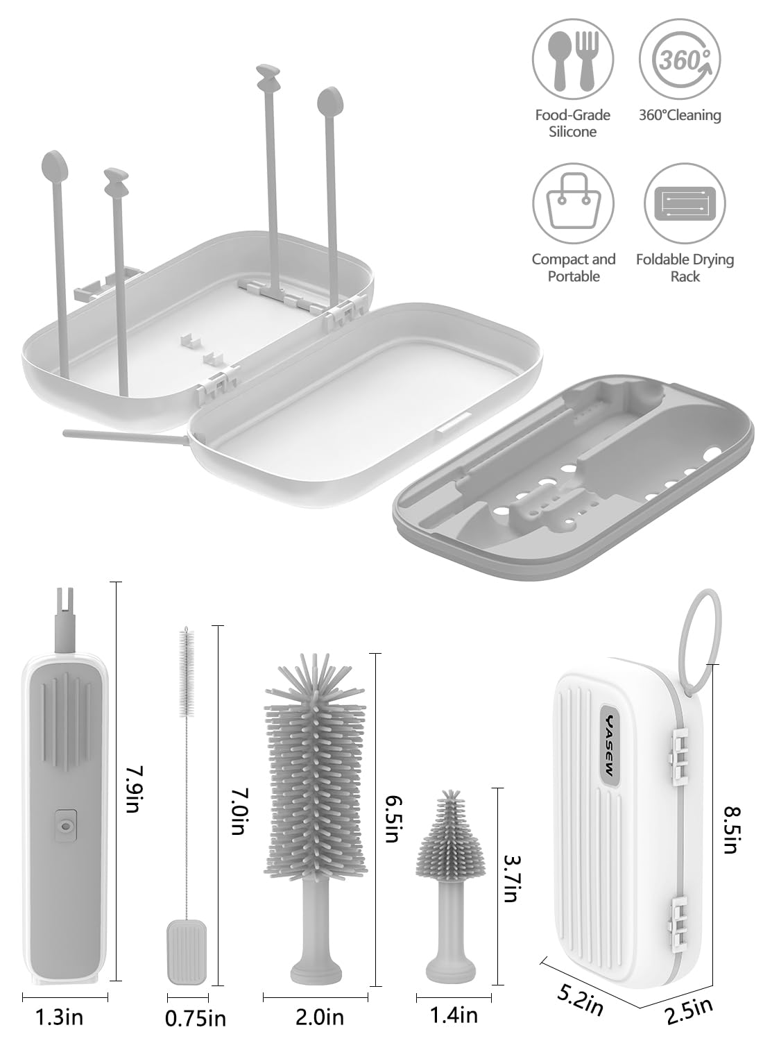 Yasew Electric Bottle Brush Cleaner, Baby Bottle Brush Travel Set, 360° Efficient Cleaning, 2000 mAh Battery, Travel Bottle Brush Set with Drainage Rack and Storage Box, Baby Travel Essential Grey