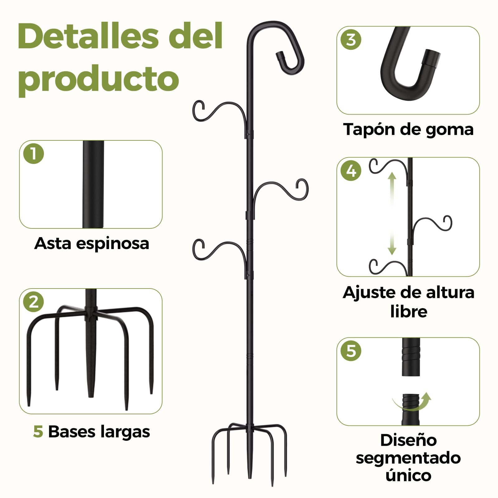 Bamworld Gancho de Pastor para Exterior 160cm Gancho de Pie Metálico con 3 Ganchos Ajustables y Base Estable de 4 Patas Para Macetas Colgantes, Plantas, Faroles, Patio, Jardín y Decoración