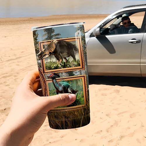 Miniatura 6 de Vaso de dinosaurio para amantes de los dinosaurios, vaso de doble pared con aislamiento al vacío, vaso de viaje de café de dinosaurio de 20 onzas,