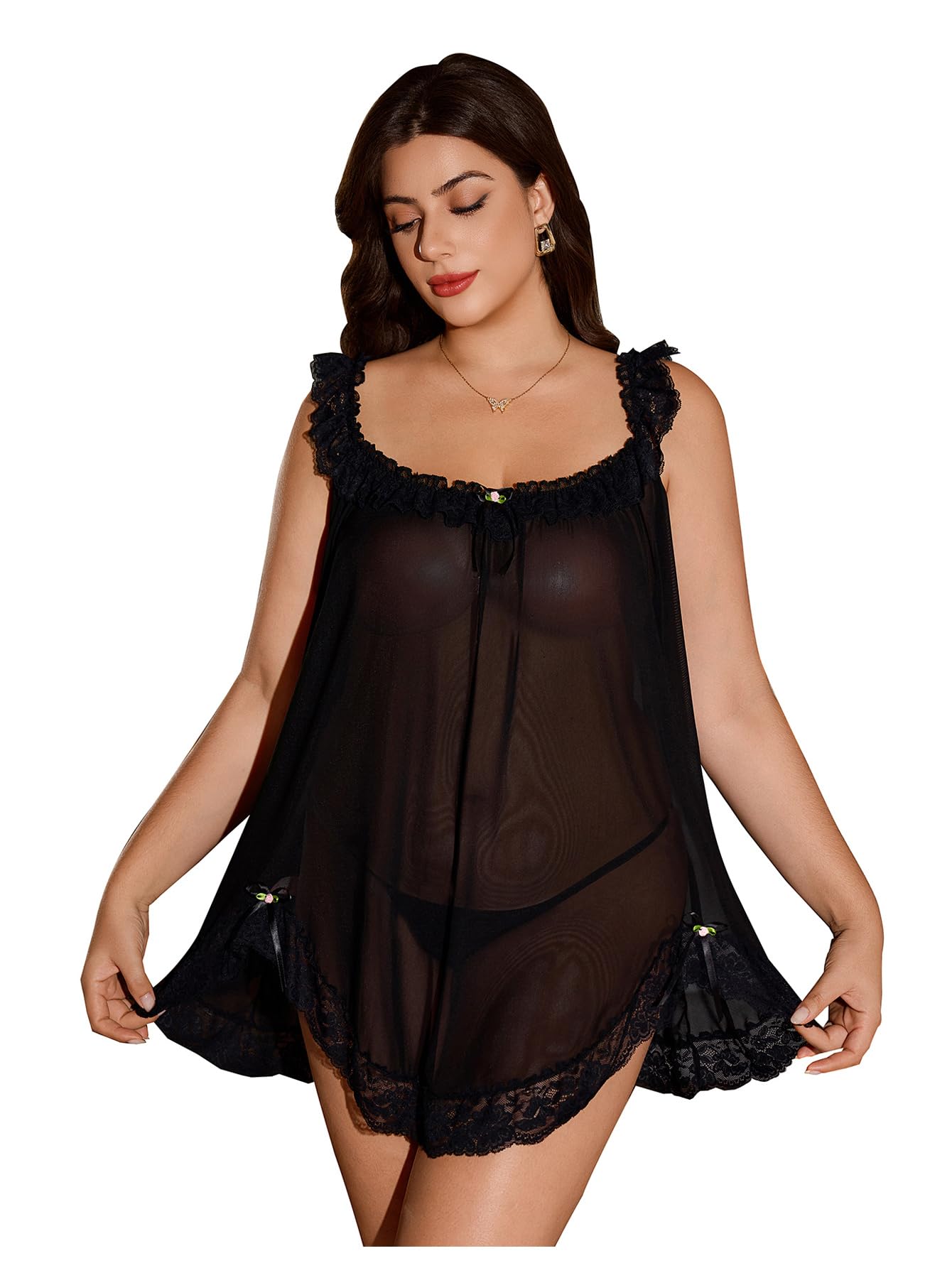 OYOANGLE Women's Plus Size Lace Sheer Chemise Nightgown and Thongs 2 Piece Lace Babydoll Lingerie Set: X-Large Plus Black