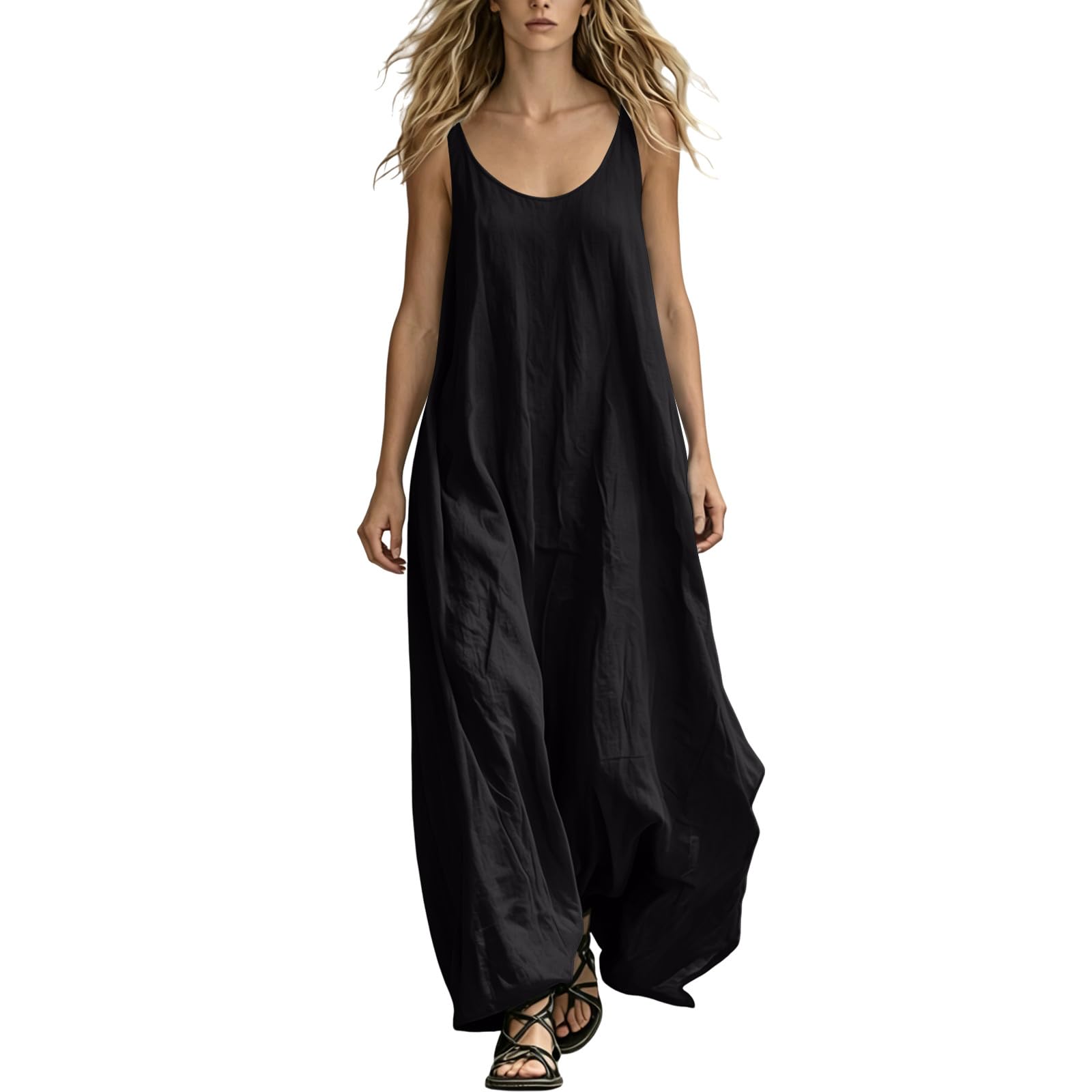 Strandkleid Damen Sommer, Leinenkleider Ärmellos Sommerkleid Leicht Und Luftig Elegant Rundhals Leinenkleid Maxi Blusenkleid Locker Einfarbig Lässig Shirtkleid Boho Musselin Kleid Wickelkleid