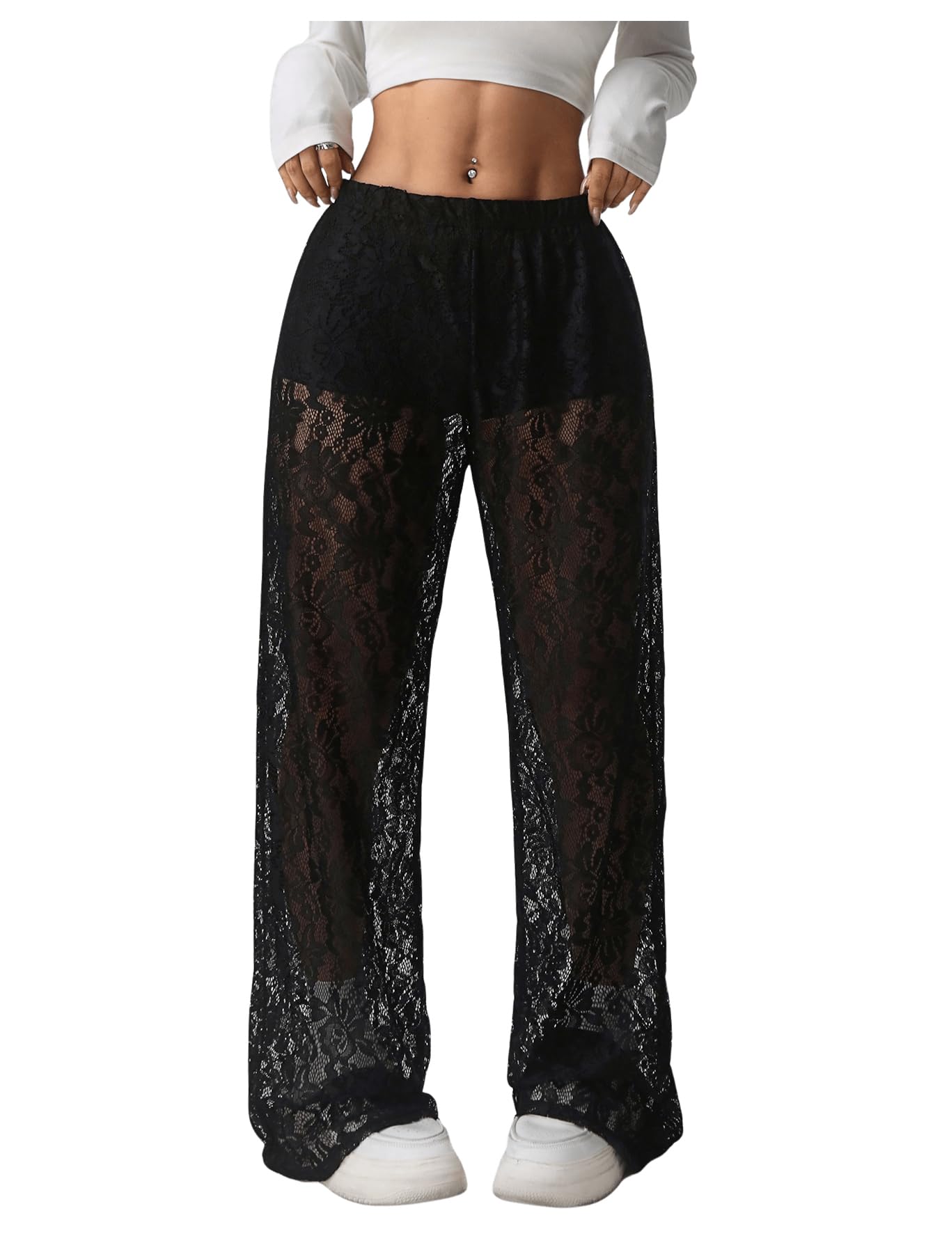 SOLY HUX Womens Lace Sheer Wide Leg Pants Elastic Waist See Through Party Trousers