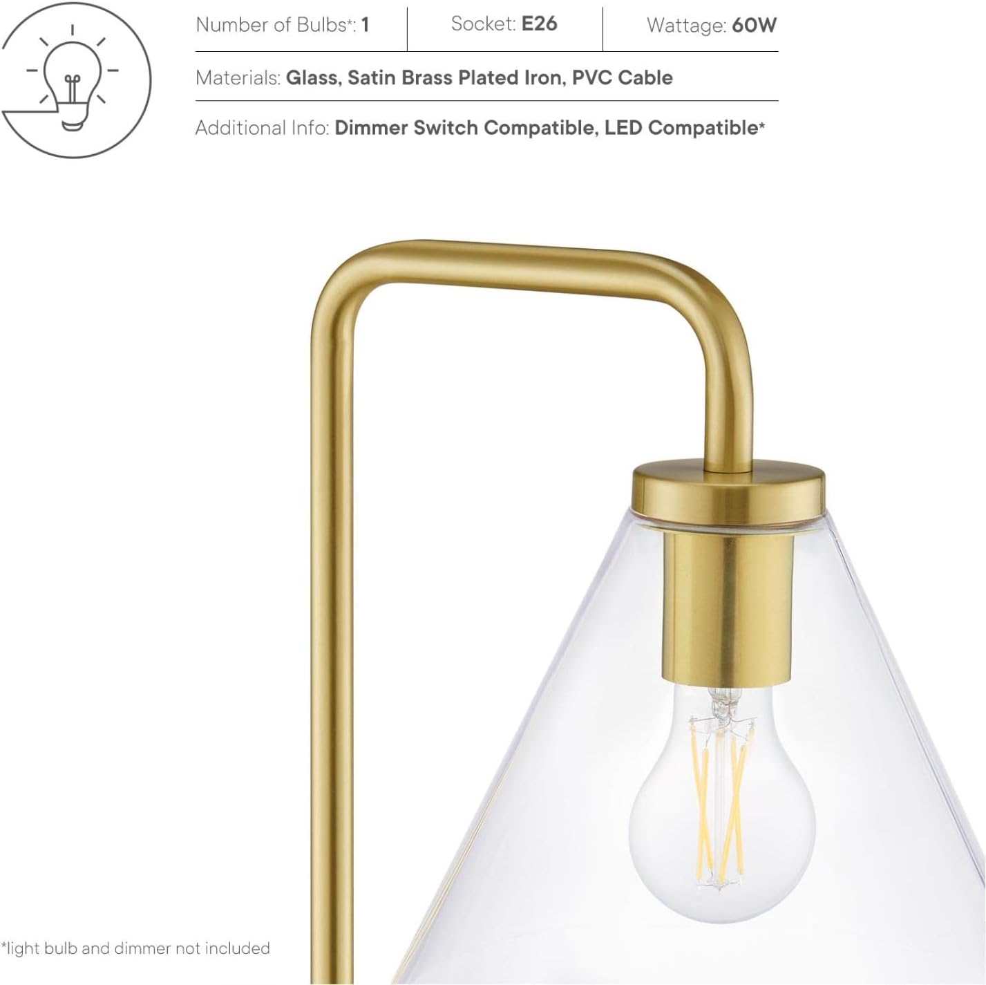 Modway Element 1-Light Modern Glass/Metal Floor Lamp in Satin Brass