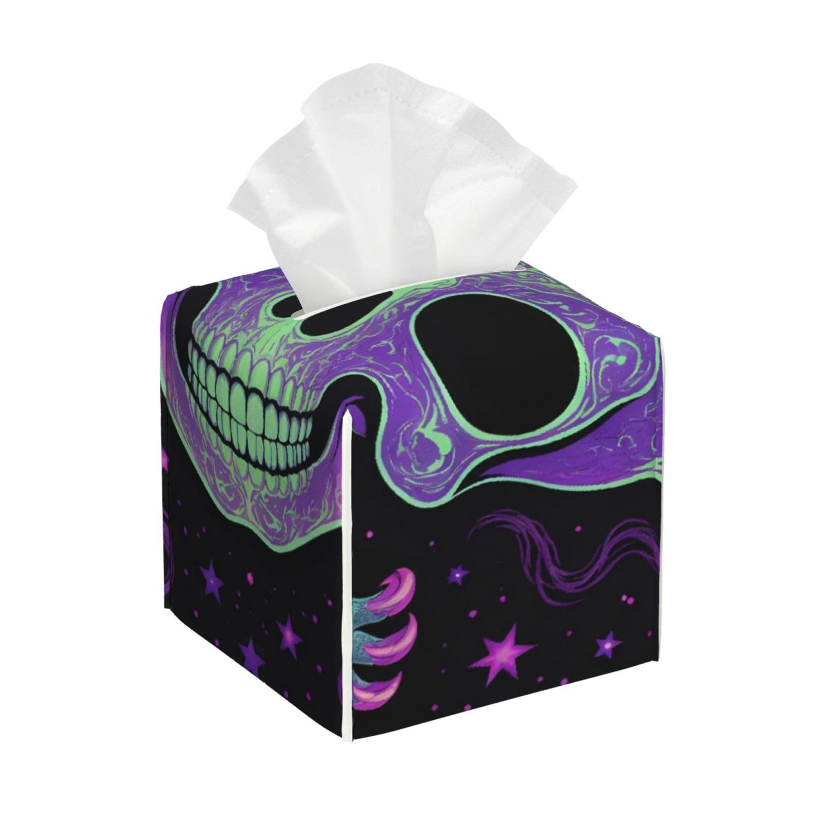 Halloween Trippy Goth Black Cat Skull Leather Tissue Box Cover Holder Square Facial Paper Organizer 5.2" X 5.2" X 5.2"