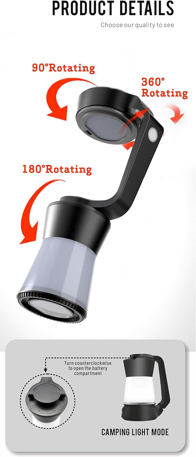 Rechargeable 3-in-1 Camping Flashlight and Lantern, 360° Rotatable, 2400mAh Li-ion Battery