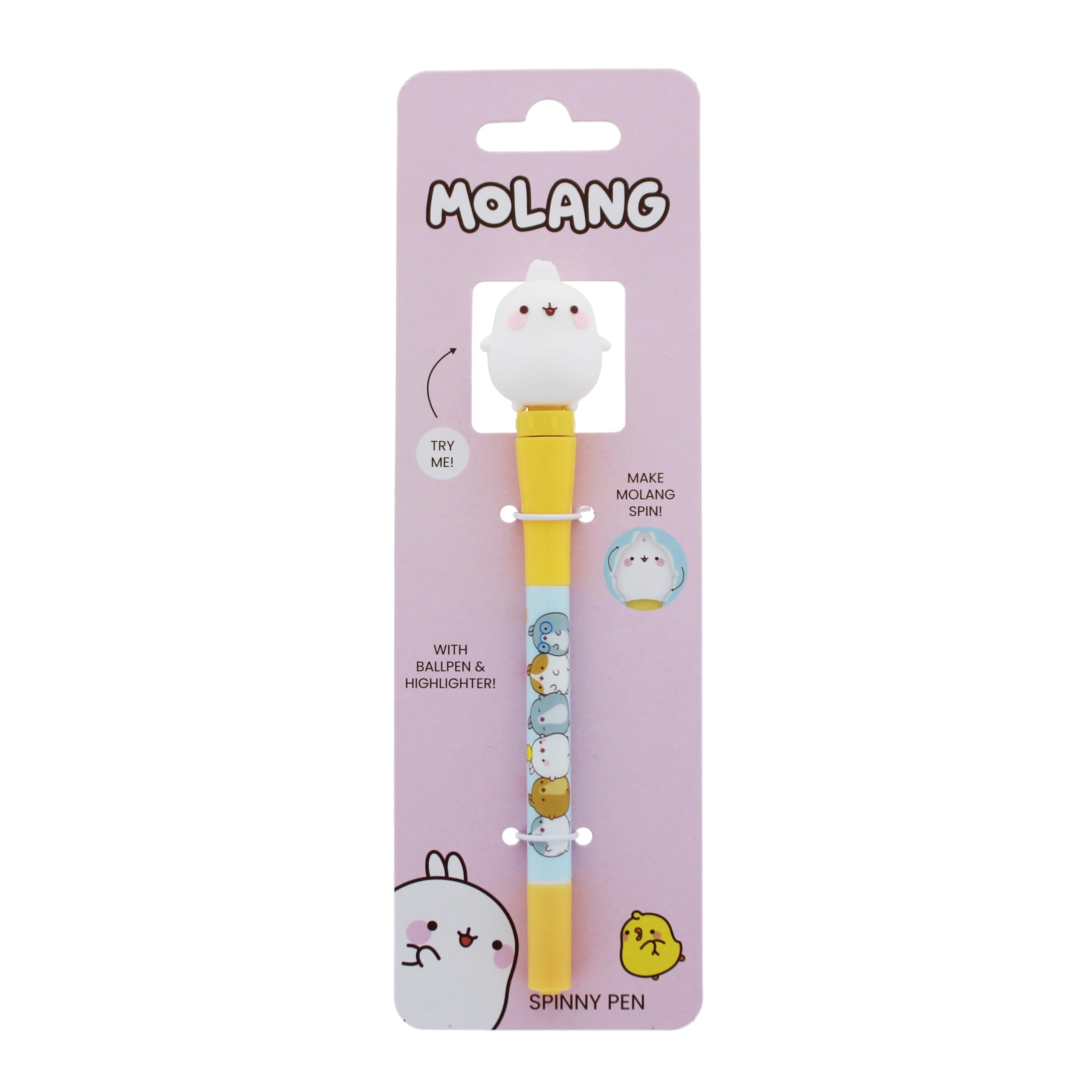 Blueprint Collections Molang Spinny Pen | Fun Ballpoint Pen with Spinning Molang Top & Highlighter | Cute Back-to-School Essential | Official Molang Stationery, Gifts & Accessories
