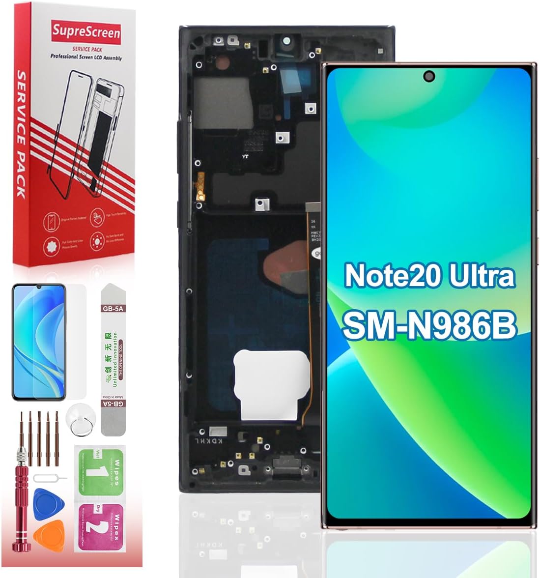 OLED Screen Replacement for Samsung Galaxy Note20 Ultra 5G, Touch Digitizer Display Assembly with Frame and Tool Kits, 120Hz,Supports Fingerprint (Black, SM-N986B,SM-N986B/DS,SM-N986U)