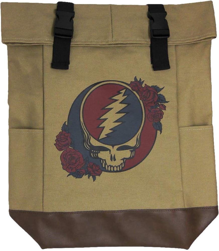 Ripple Junction Grateful Dead Canvas Roll Top Backpack Bag w/Vegan Leather Reinforced Bottom Dual Adjustable Shoulder Straps Steal Your Face Logo Officially Licensed