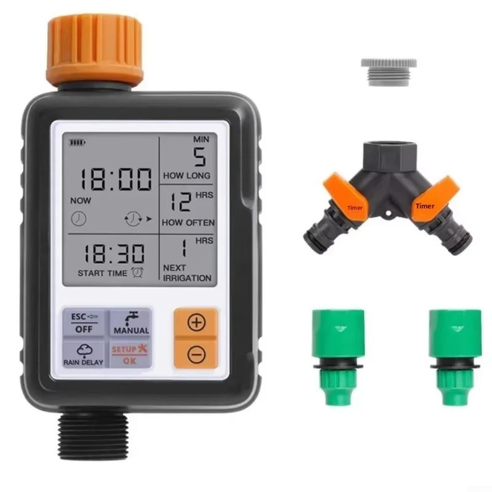 Temporizador de riego digital automático para jardín, sistema de agua de doble salida con IPX5, resistente al agua, ajustable de 1 seg a 300 min, conector de 3/4 pulgadas, color negro