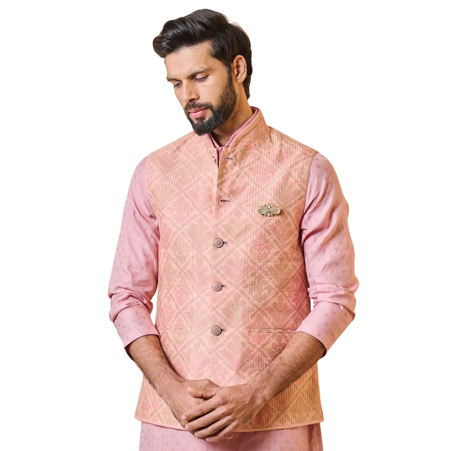 Pink Printed Bundi With Texturing Jacket For Men-image-11