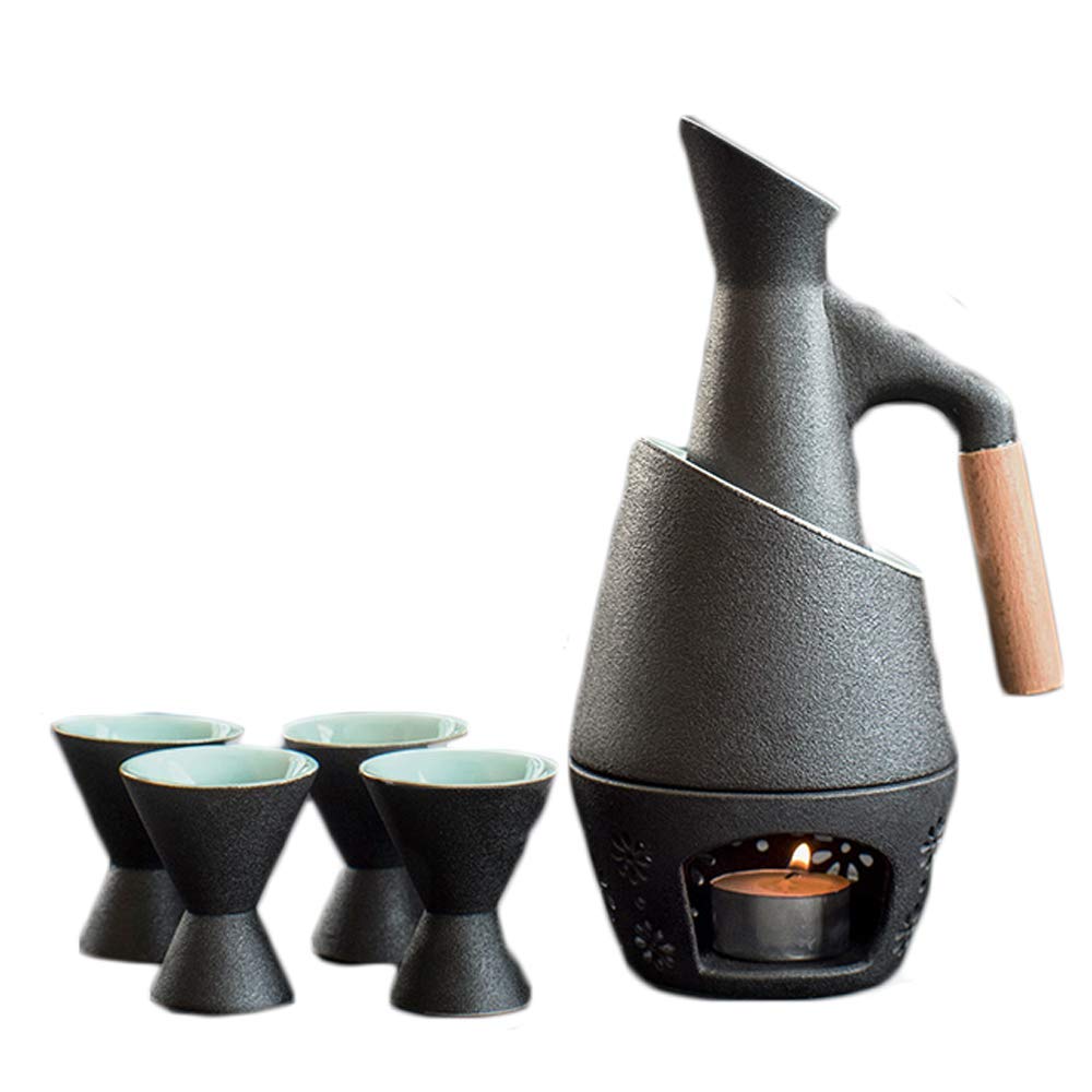 Juego de 7 Sake de cerámica con Olla para Calentar y Estufa de Vela, Textura pintoresca esmaltada en Negro, Estilo Tradicional japonés, Juego de Regalo para Servir Sake