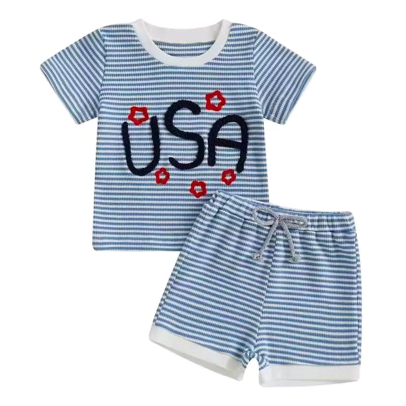 Baby Boy Girl Independence Day Outfit USA Embroidery Waffle Short Sleeve T-Shirt Shorts Set Toddler Summer Clothes (Blue, 12-18 Months)