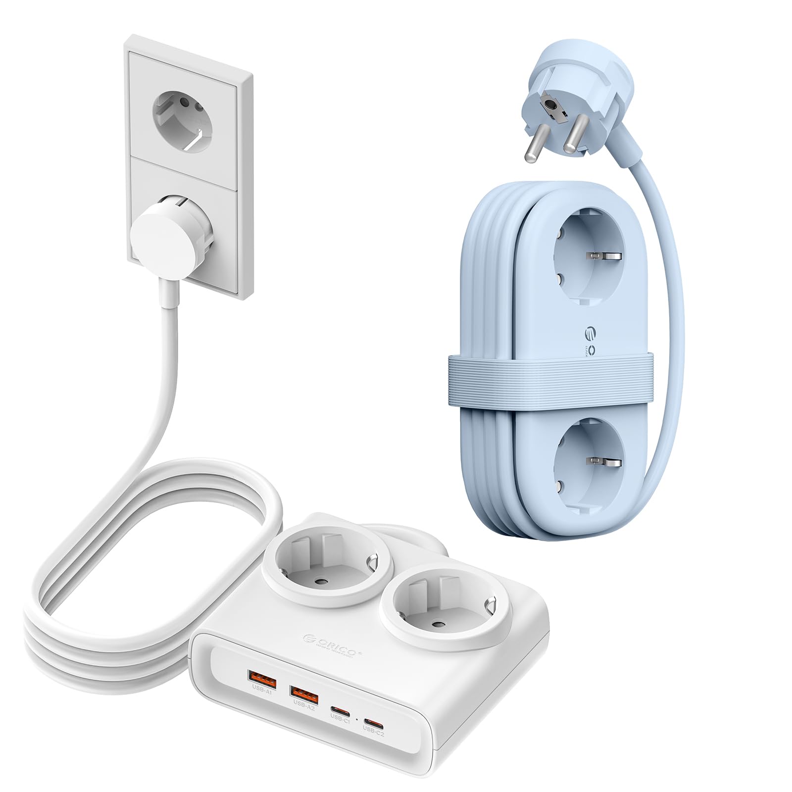 ORICO Weiß+ Blau Mehrfachsteckdose mit USB C, Ladeanschlüssen Kompatibel für das Home Office auf dem Schiff (AP3-2A2U1C + PDC-2A2U2C)