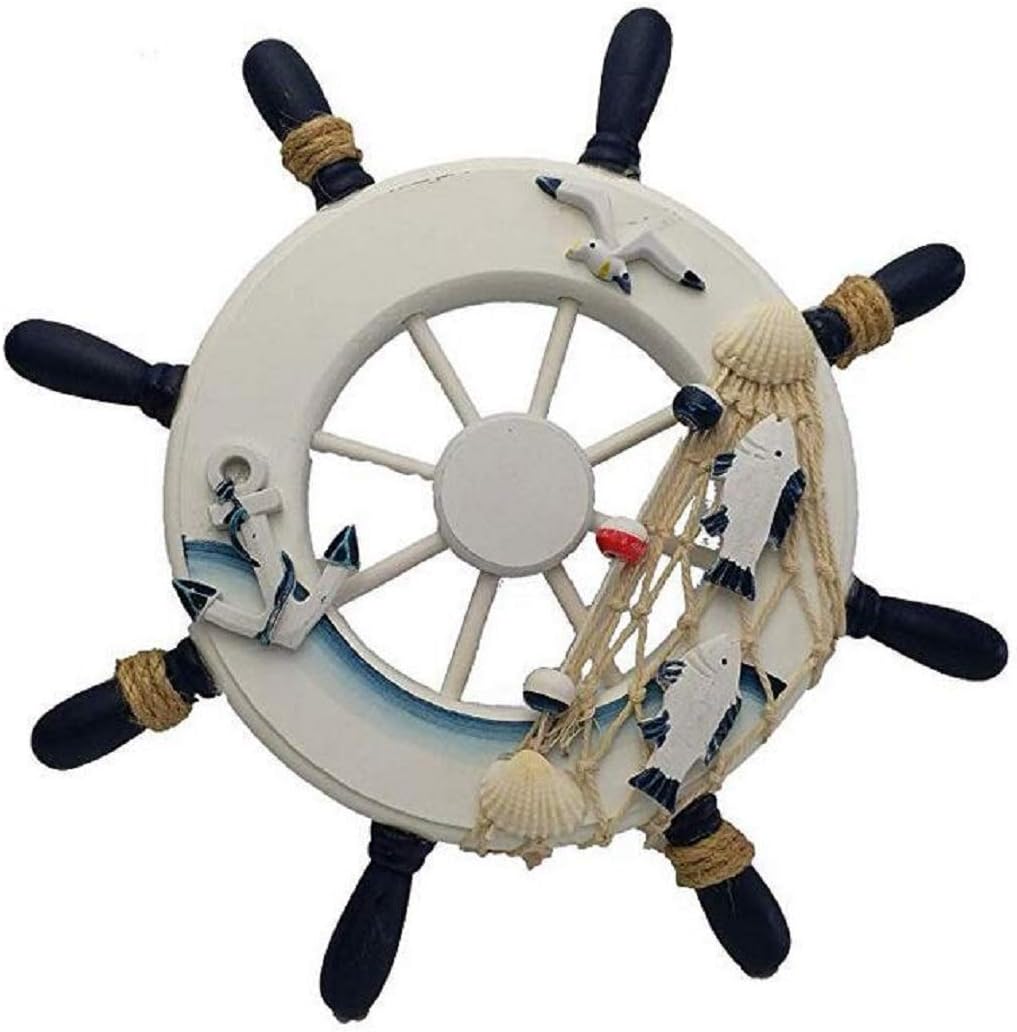Gesteh Nautical Beach Wooden Boat Ship Steering Wheel Fishing Net Shell Home Wall Decor (9 inches)