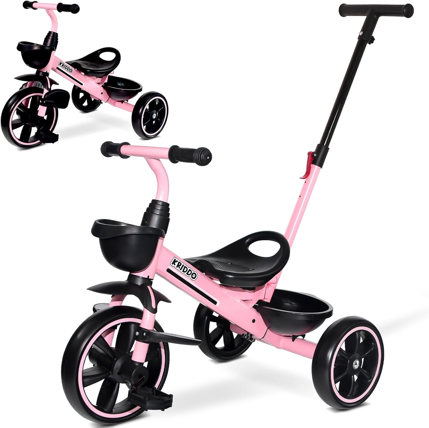 KRIDDO 2-in-1 Toddler Tricycle Pink: 18M-5Y Trike with Longest Push Handle, Foldable Footrest, Indoor/Outdoor Ride