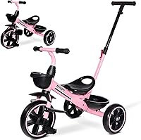 KRIDDO 2-in-1 Toddler Tricycle Pink: 18M-5Y Trike with Longest Push Handle, Foldable Footrest, Indoor/Outdoor Ride