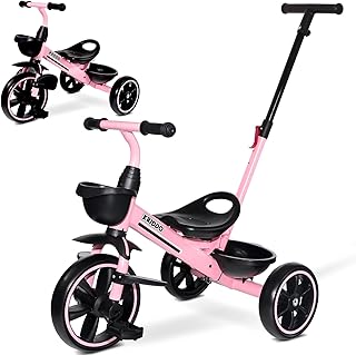 KRIDDO 2-in-1 Toddler Tricycle for Ages 18 Months to 5 Years Old - Extended Push Handle for Effortless Push, Gift Trike for Toddler 3 to 5 Year, Kids Tricycle with Foldable Front Footrest, Pink