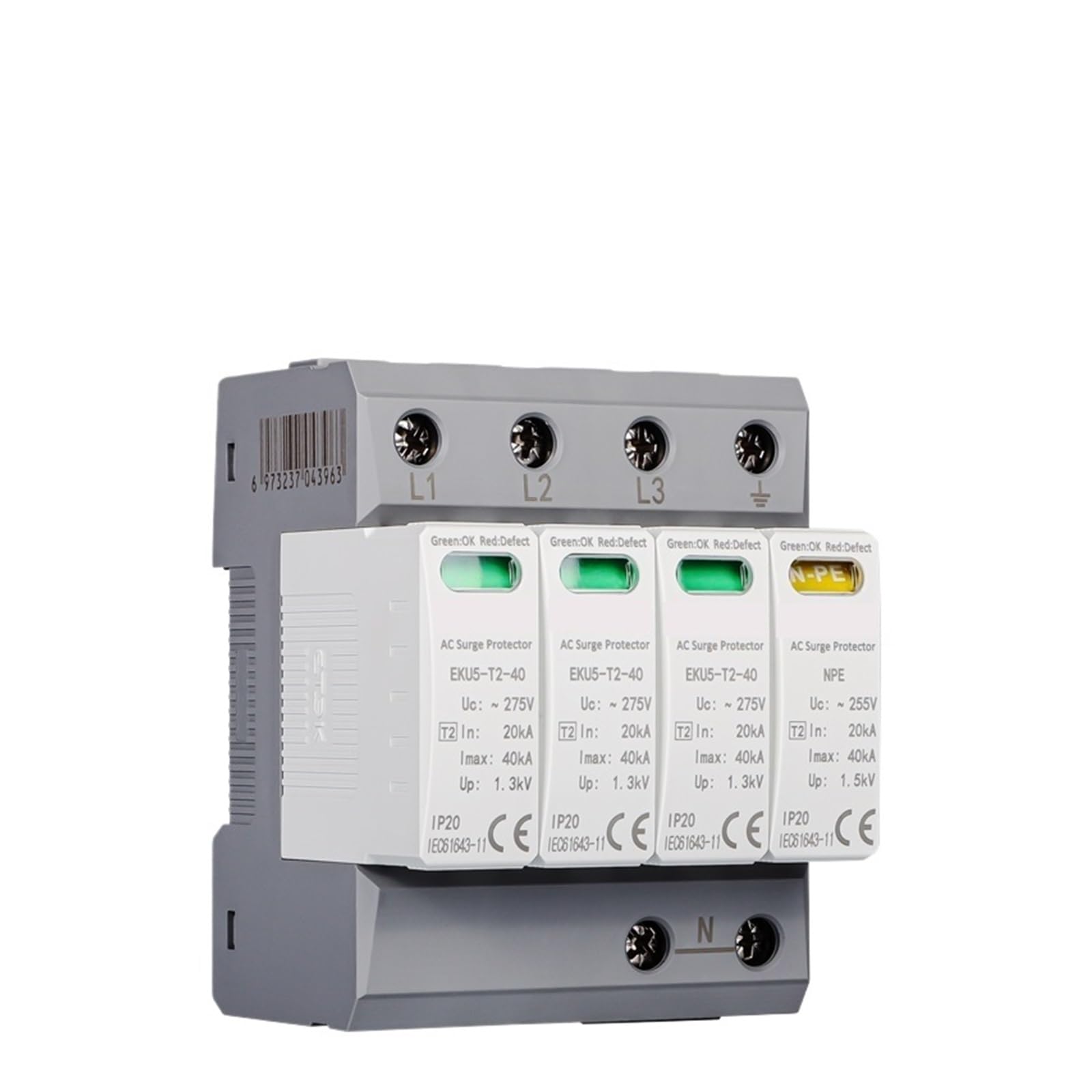 RWRAPS scaricatore Dispositivo di Protezione Contro Le sovratensioni for Uso Domestico Protezione scaricatore Tipo di Protezione T2 SPD AC 4P 20KA~40KA 3P+NPE 275V EKU5-T2-40-3PN275